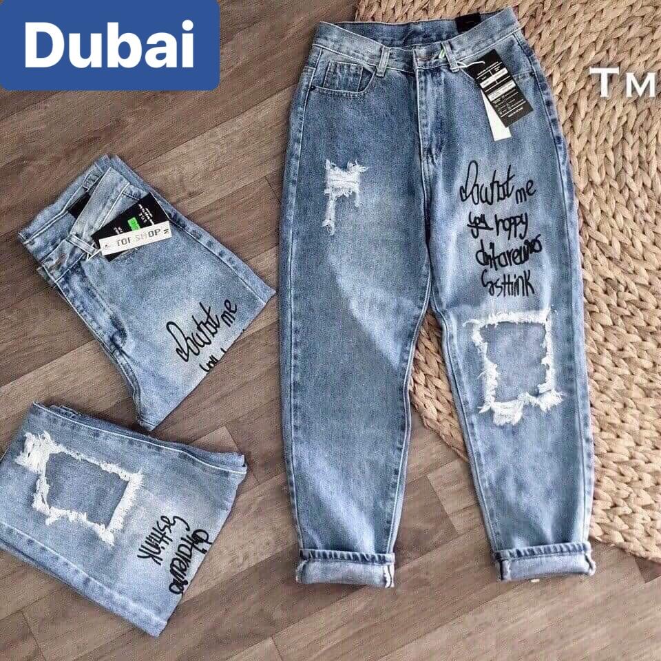 QUẦN JEAN BAGGY NỮ CHẤT BÒ XANH IN CHỮ ULZZANG HÀN QUỐC LƯNG CAO NÂNG MÔNG DB-882 - DUBAI FASHION