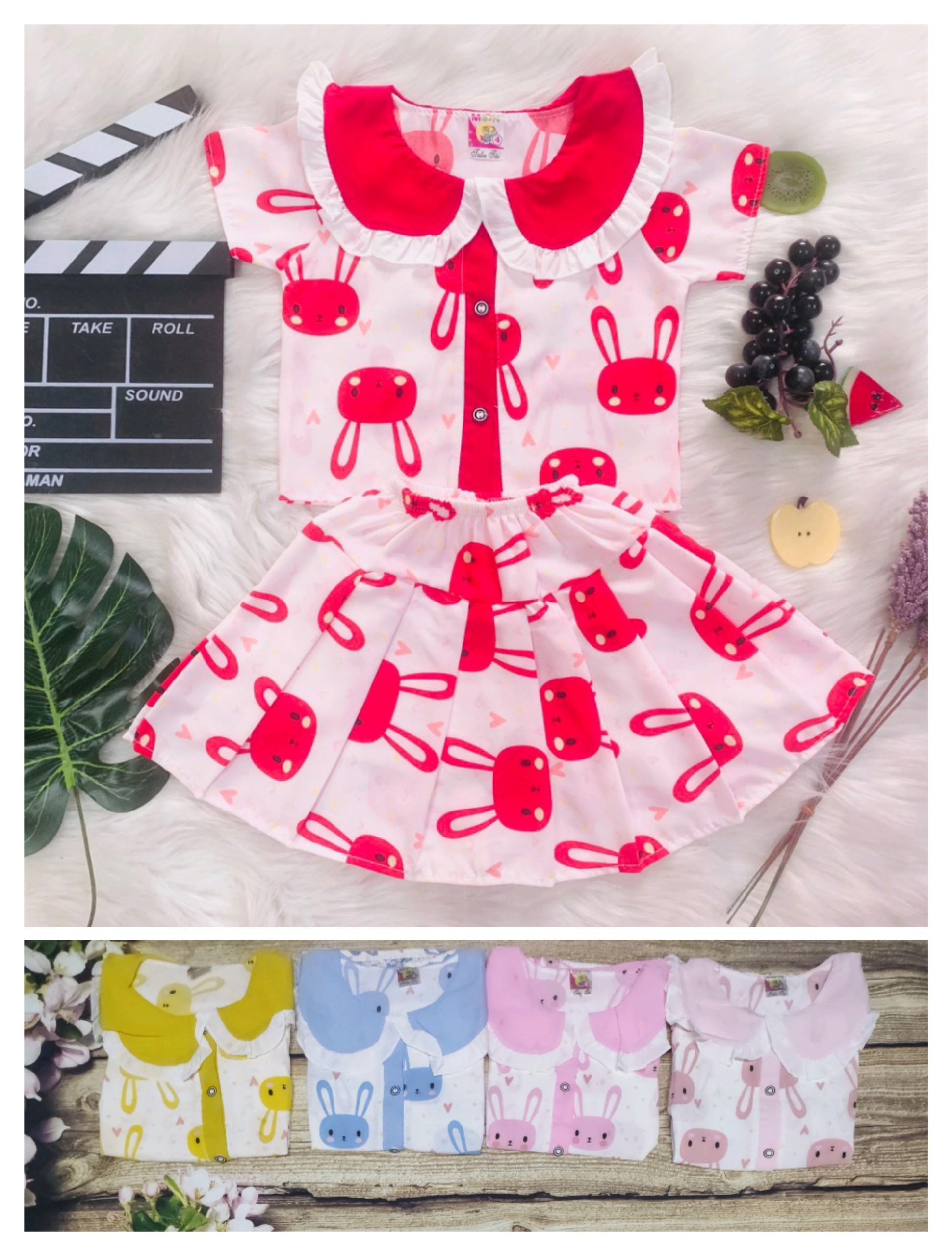 (4 set 4 màu 4 họa tiết khác nhau) Combo 4 Set Áo Kèm Chân Váy  (có quần lót trong ) Bé (6-18kg)