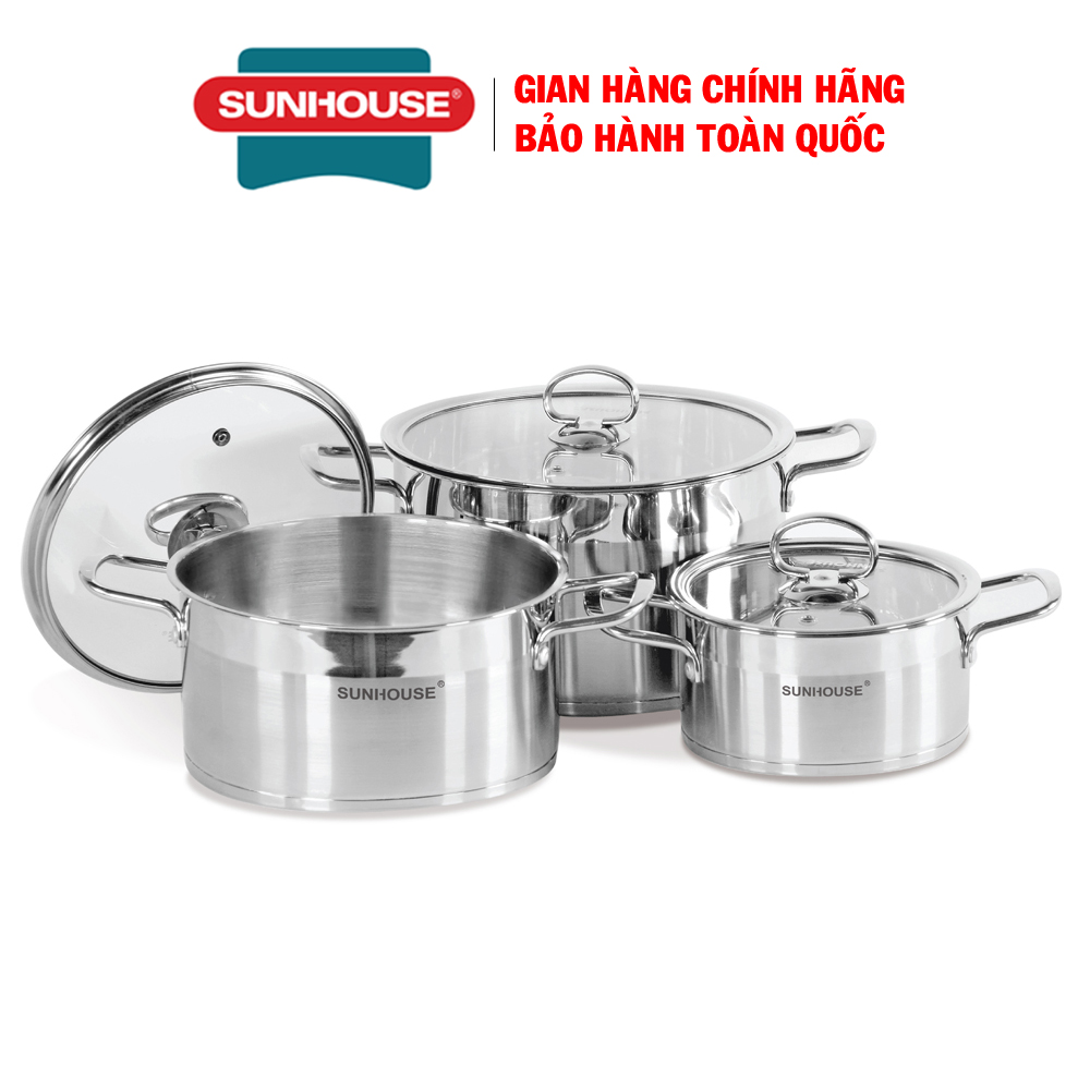 Bộ nồi inox 5 đáy Sunhouse Mama SH784, Bộ nồi inox Sunhouse, Bộ nồi đáy từ Sunhouse, Bộ nồi 5 lớp đáy tỏa nhiệt đều, giữ nhiệt lâu, hạn chế cháy, Chất liệu inox sáng bóng, an toàn sức khỏe, 3 kích cỡ, đáp ứng tối đa nhu cầu