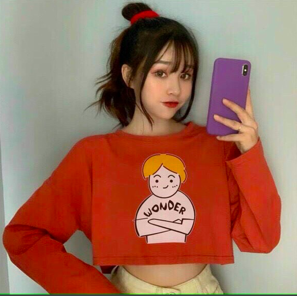 Áo Croptop nữ form rộng tay dài Unisex CÔ GÁI WONDER Freesize 45-70kg, áo thun nam form rộng tay lỡ, áo phông nữ form rộng