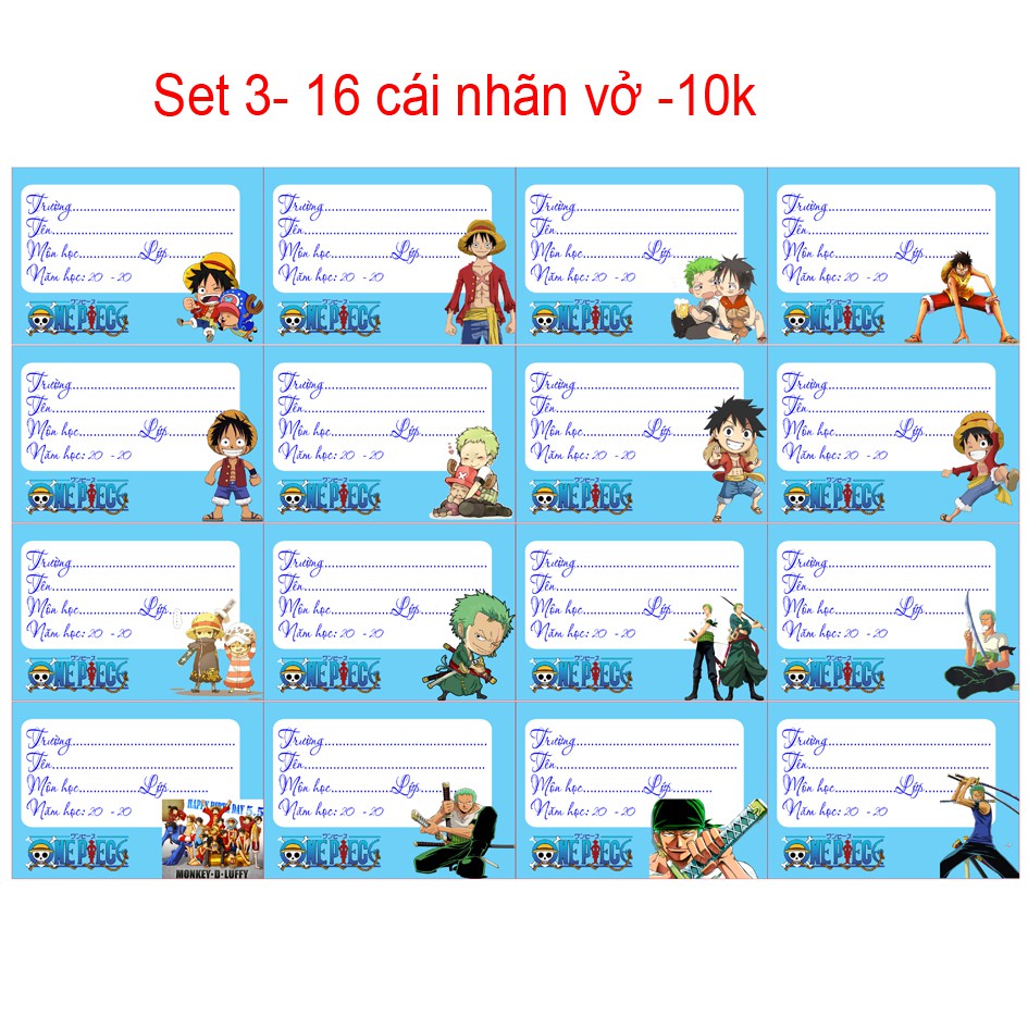 Nhãn-Vở-anime-hoạt-hình -One piece(1 set 16 nhãn vở -giá 10k)