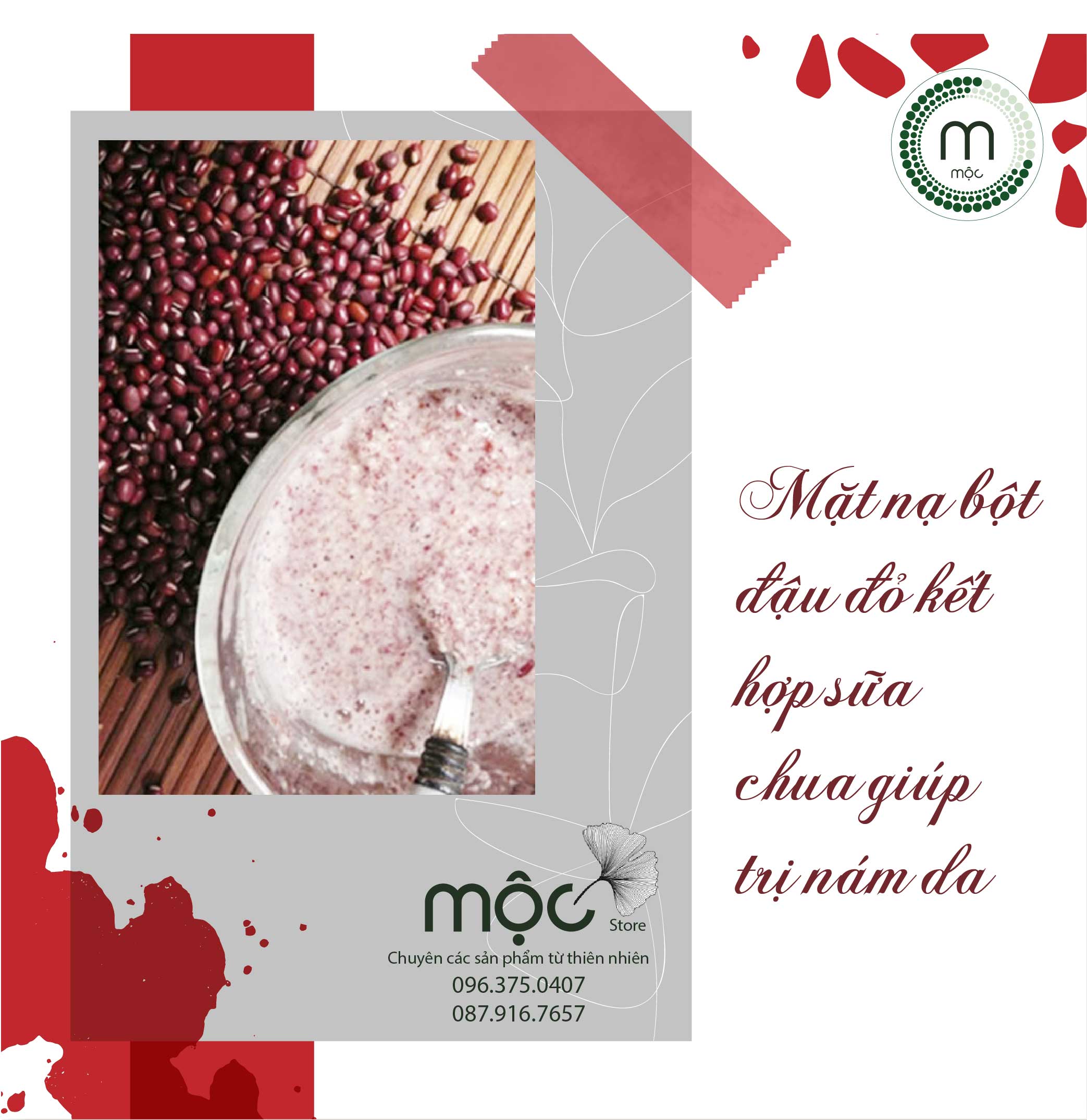 Bột Đậu Đỏ MỘC đắp mặt nạ dưỡng ẩm trắng da ngăn ngừa mụn thiên nhiên nguyên chất túi 10g dùng thử và chai 100ml (70g)