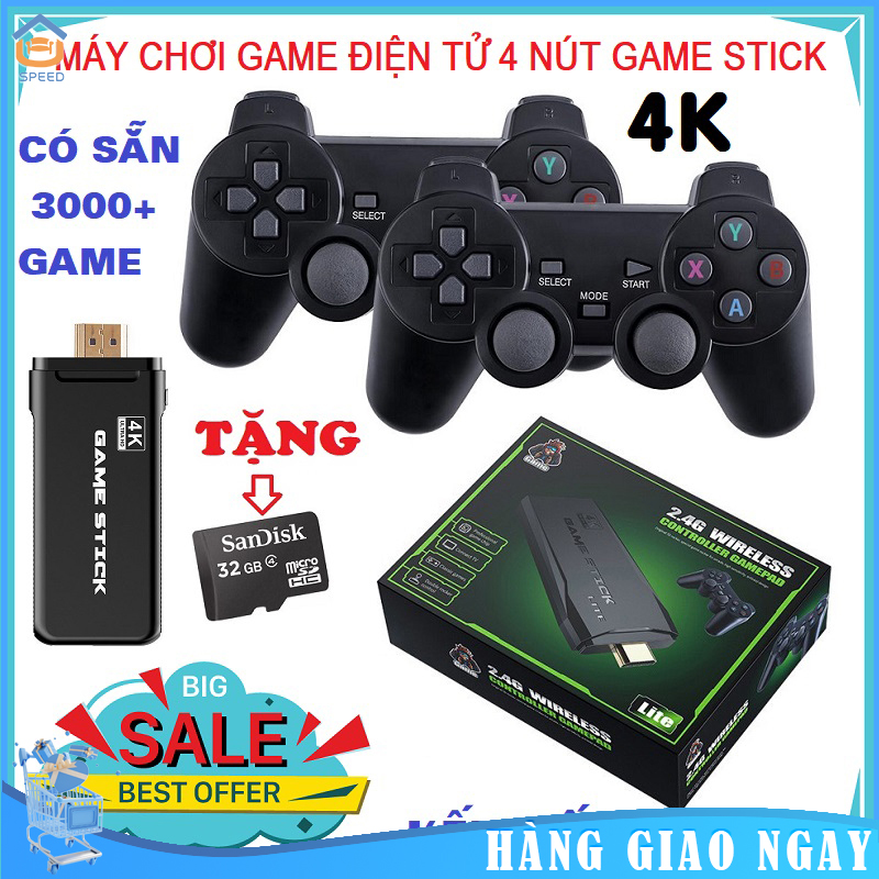Game Stick 4k HDMI điện tử 4 nút máy chơi game cầm tay không dây，máy tính Tặng kèm thẻ nhớ TF 64Gb