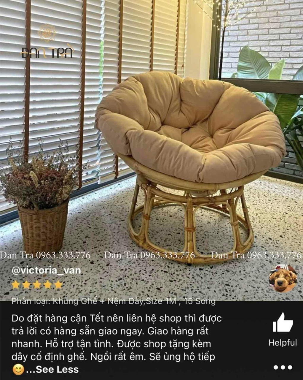 Ghế mây papasan 100cm nệm trắng tím đan trà - bàn ghế mây tre đan