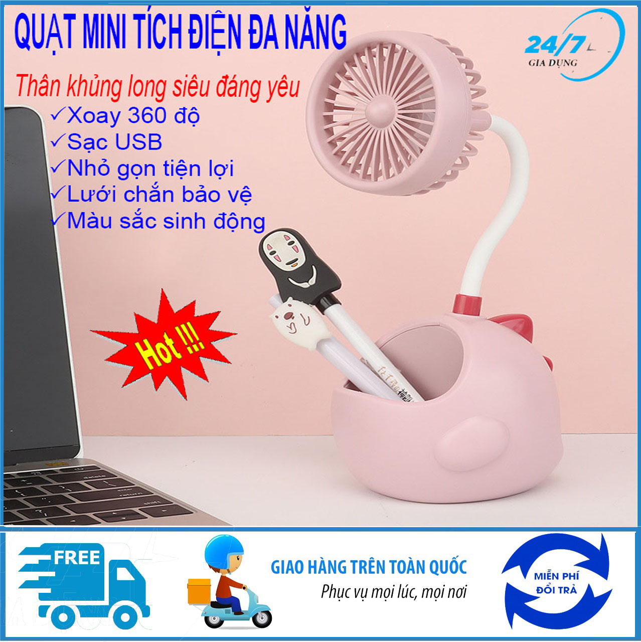 Quạt mini tích điện để bàn xoay 360 độ kiêm hộp đựng bút, thân khủng long siêu dễ thương, quạt mini sạc USB  đa năng nhỏ gọn, tiện dụng  phù hợp với học sinh, sinh viên, văn phòng - Giadungbv247