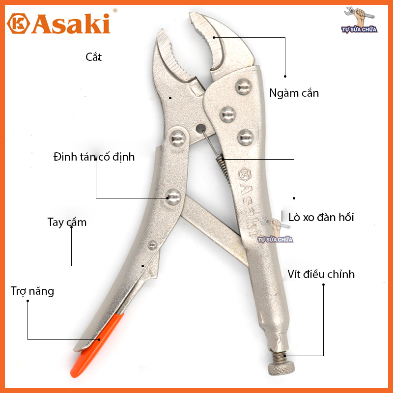 Kìm chết mỏ cong chính hãng Asaki AK-8258 10'' 250mm kẹp chắc