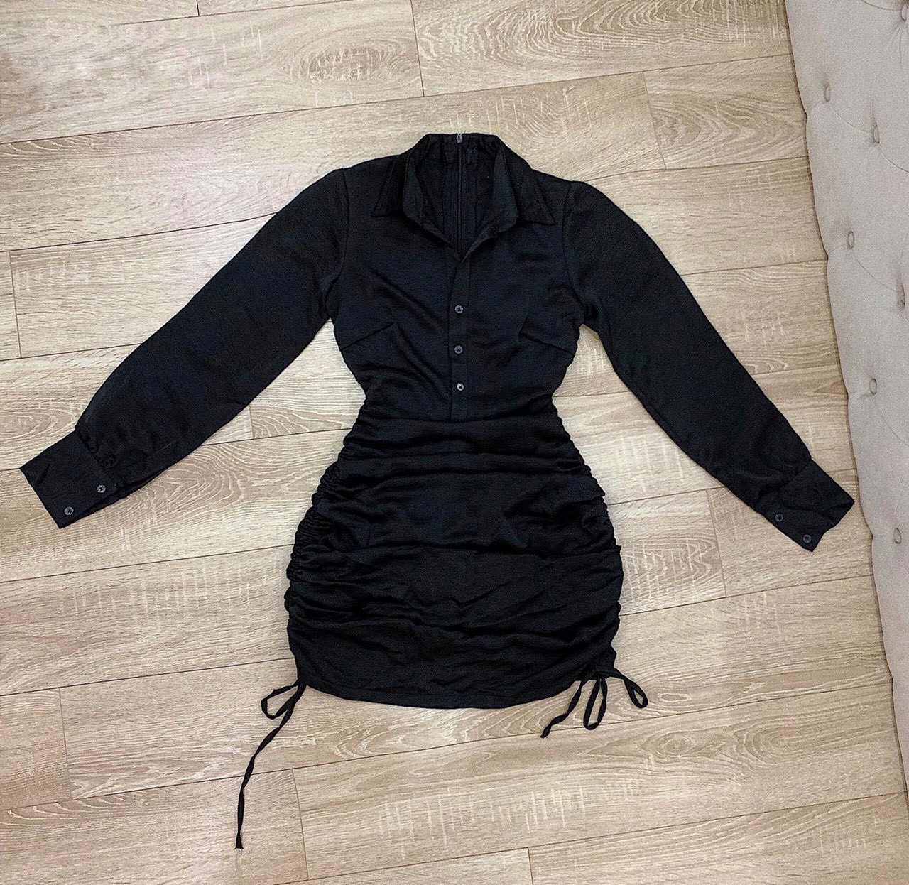 Đầm body cổ áo sơ mi rút dây hai bên - QH