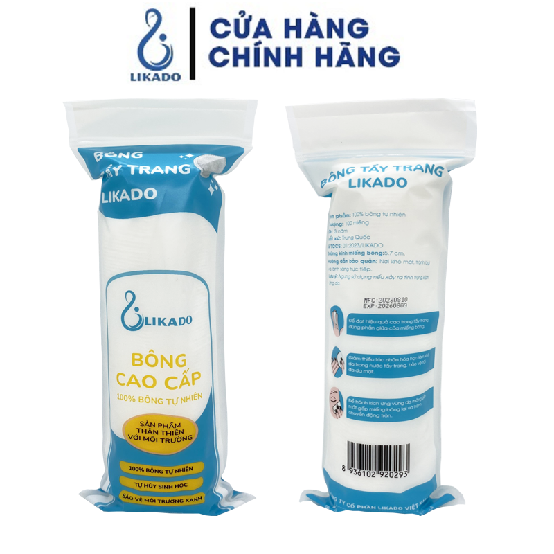 Bông tẩy trang Likado miếng tròn 100 miếng (BÔNG CÂY- 1 gói)