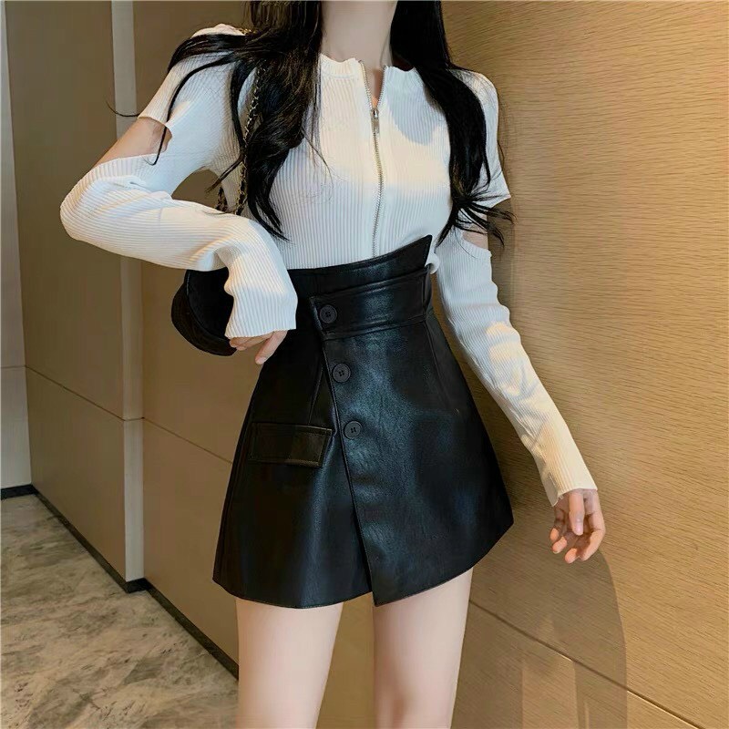Quần Giả Váy Da Nữ Vạt Lệch/Short nữ chất da cạp lưng cao vạt lệch 3 khuy