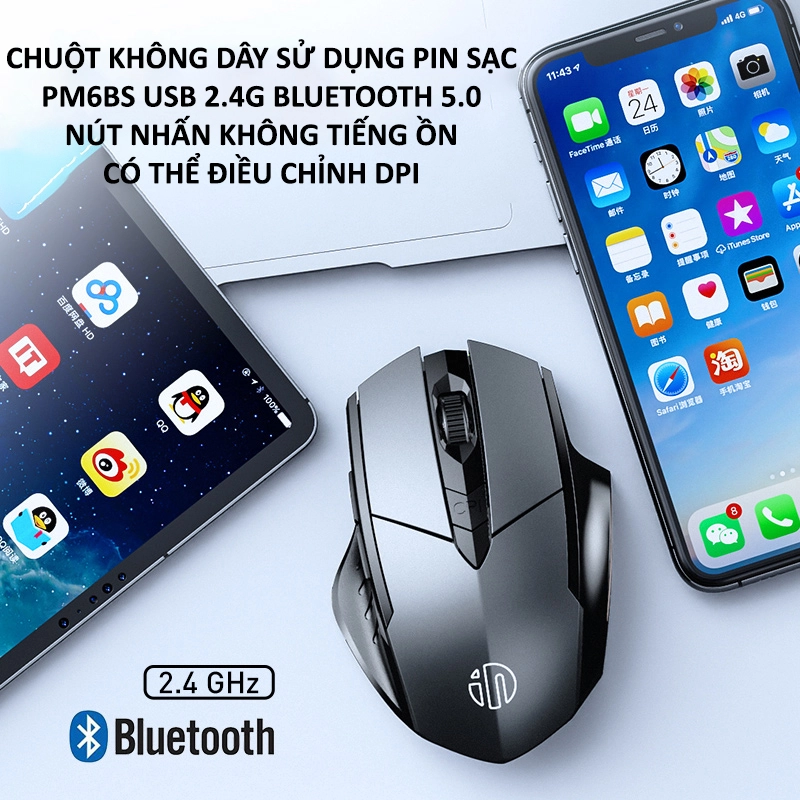Chuột không dây wireless kiêm bluetooth INPHIC A1 pin sạc - Silent click cực êm (đen) Nhất Tín Computer