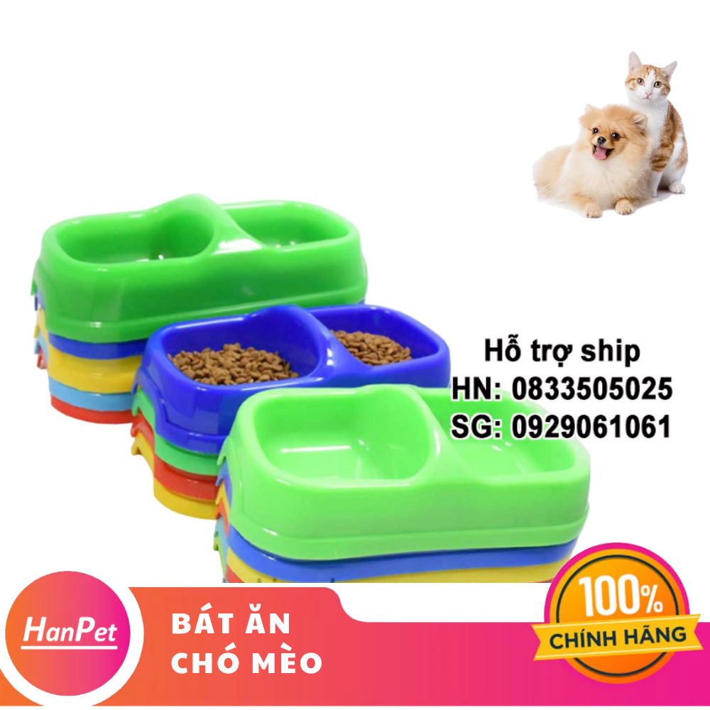 Bát đôi át ăn/uống chó mèo 2 ngăn vuông có gờ