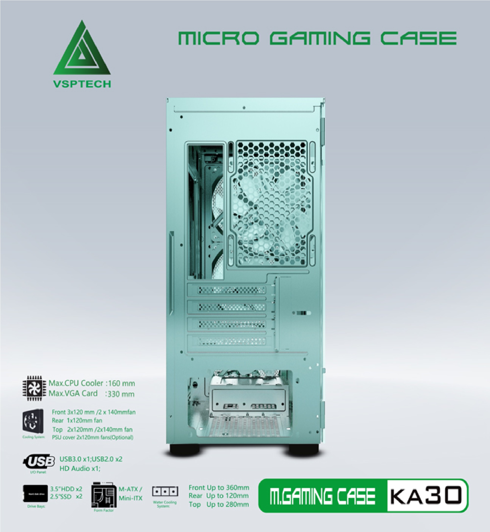 Case Gaming VSP KA30 Mini Tower (Xanh)