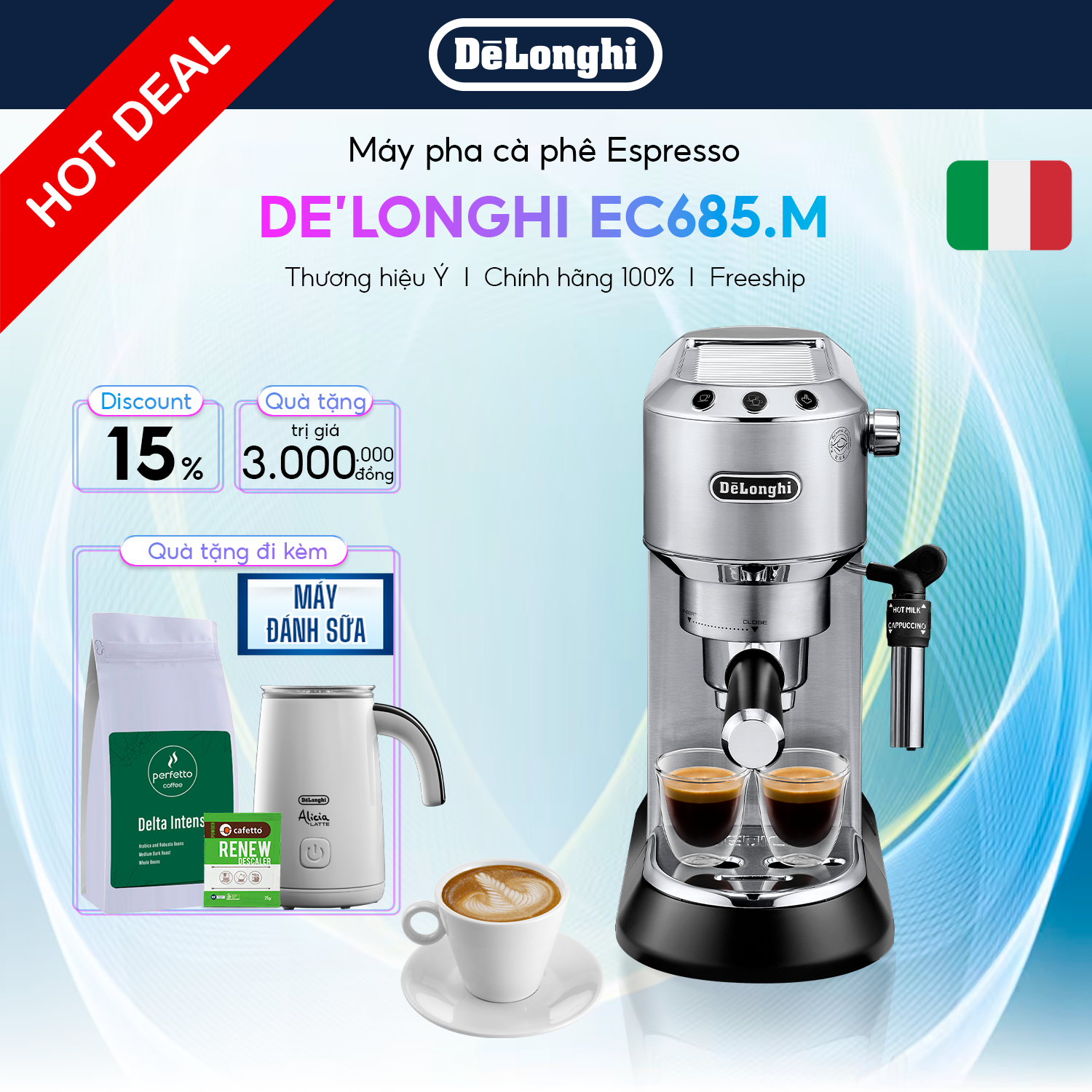 Máy Pha Cà Phê DeLonghi EC685 Dedica Style (M/ R) - Thiết Kế Gọn, Áp Suất 15 Bar - Chính Hãng