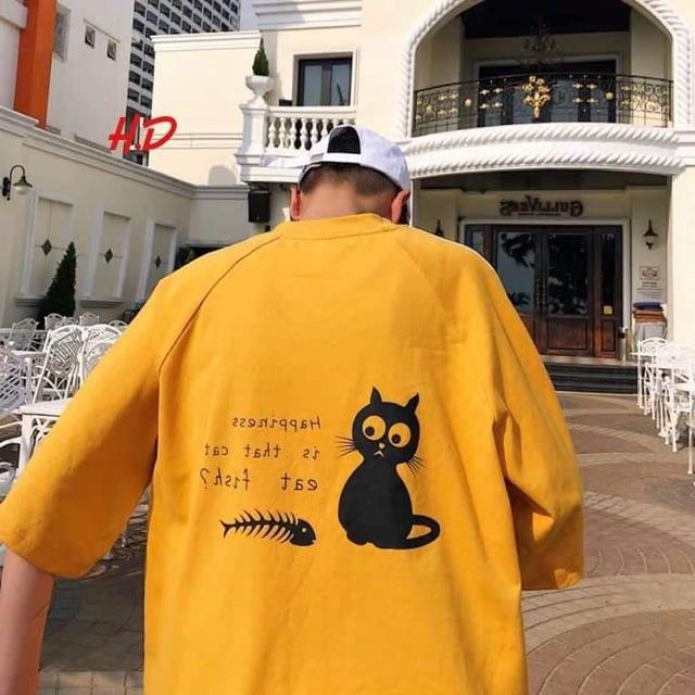 Áo phông mèo đen xương cá in lưng HDA0619