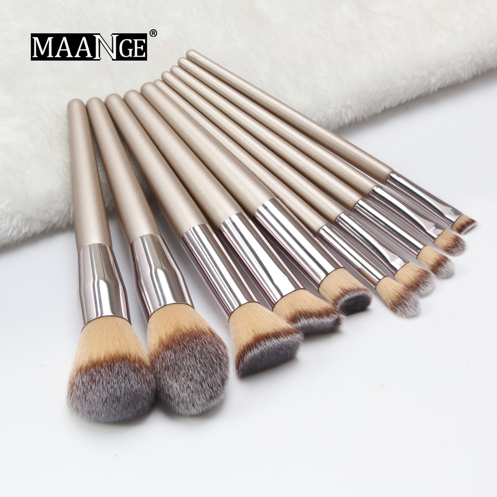 MAANGE 10PC Champagne Gold Cosmetic Brush Set Foundation Powder Make Up Brush