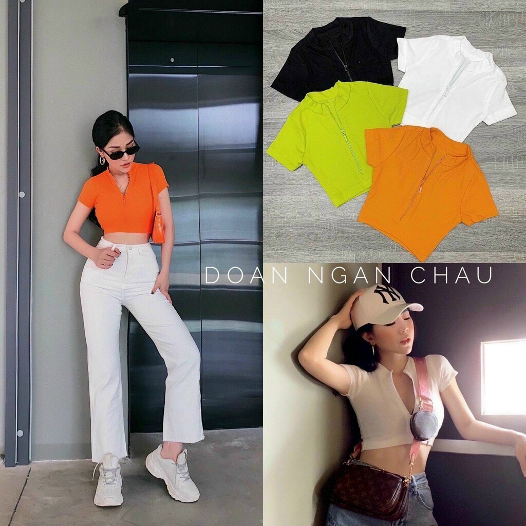[HCM]Áo croptop ôm cổ trụ phối khóa kéo