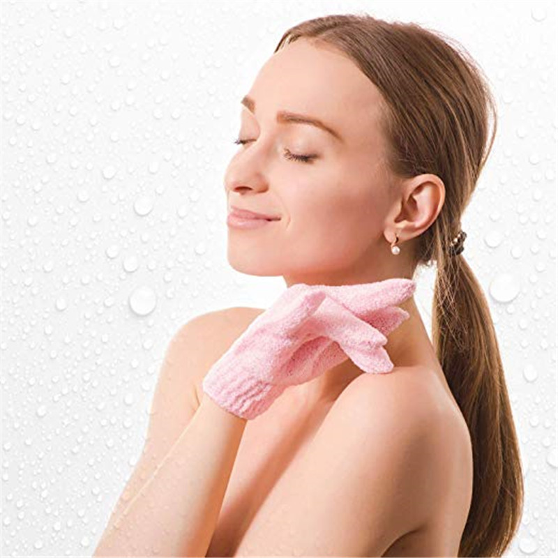 Multicolored exfoliating shower gloves