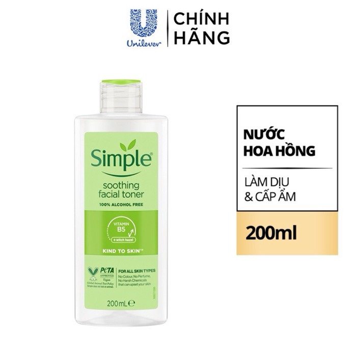 Nước hoa hồng dưỡng ẩm làm sạch da simple 200ml