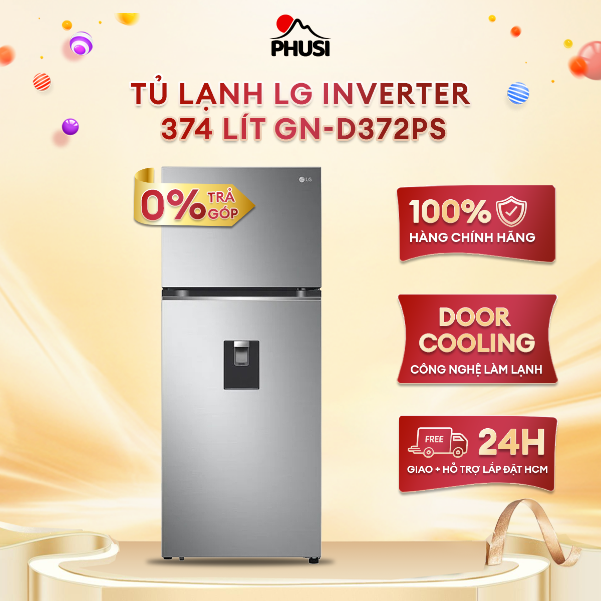 Tủ lạnh lg inverter 374 lít gn-d372ps - công nghệ inverter tiết kiệm điện, door cooling làm lạnh từ cánh cửa, - giao hàng miễn phí hcm