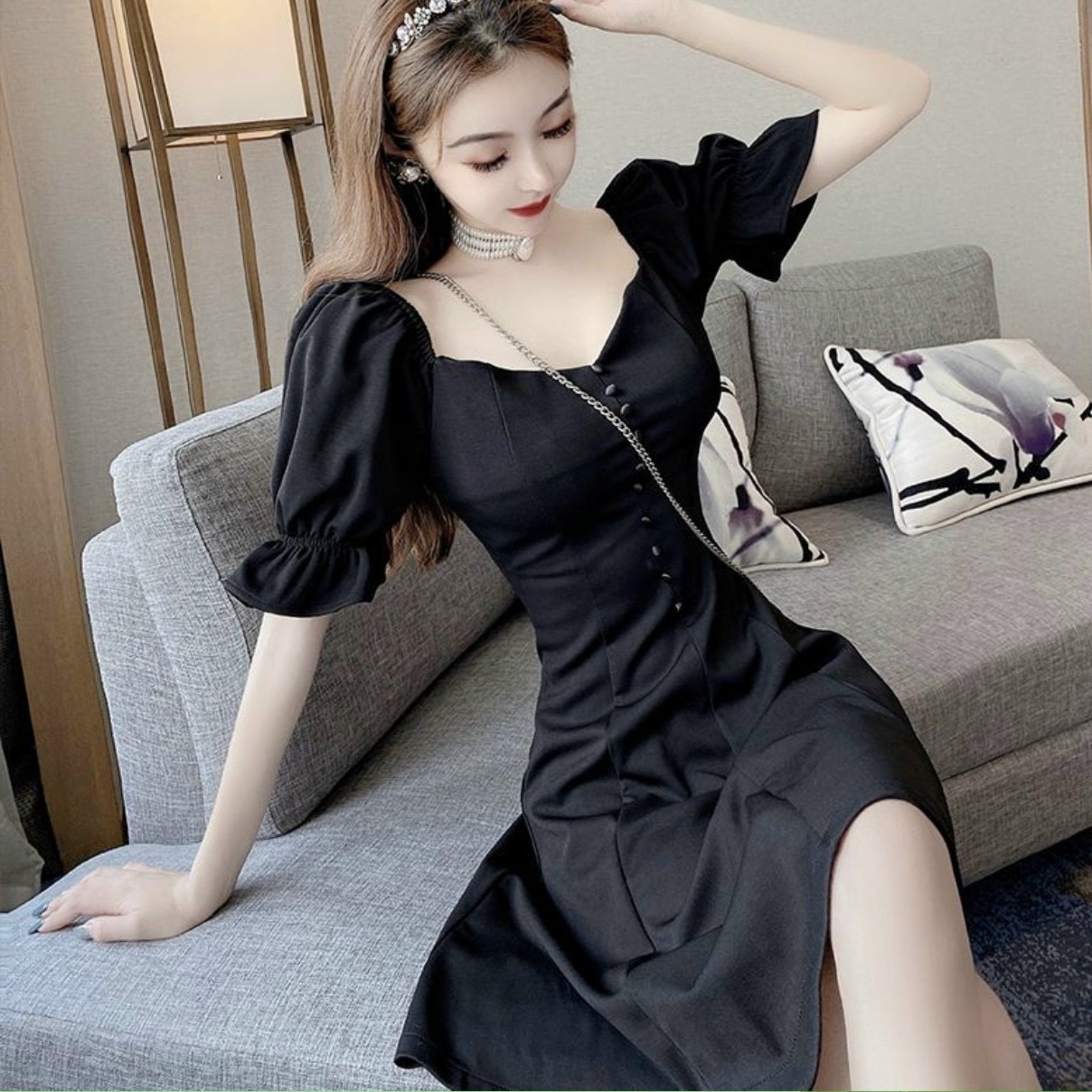 Đầm Xòe Nút Bọc Cổ V 2 Màu - DX0054