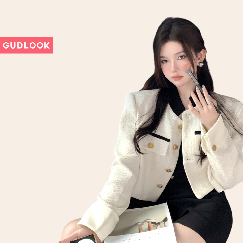 Áo Dạ GUDLOOK phối tay sơ mi dáng lửng trắng đen
