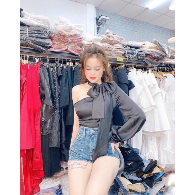 [HCM]áo lệch vai phi lụa tay phồng kèm chocker siêu sang