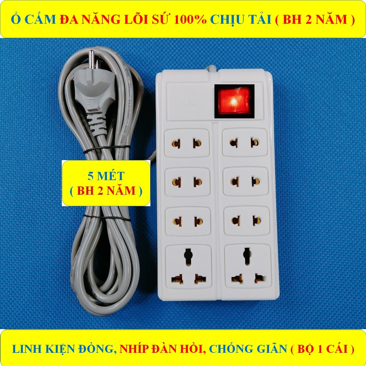 Ổ cắm điện ĐA NĂNG liền dây CHỊU TẢI CAO + BH 2 NĂM + Dây dài 3 mét/5 mét + 1 Công tắc + 8 Ổ cắm đa năng LÕI SỨ chịu tải, chịu nhiệt HÀNG LOẠI 1 cao cấp (bộ 1 sản phẩm)