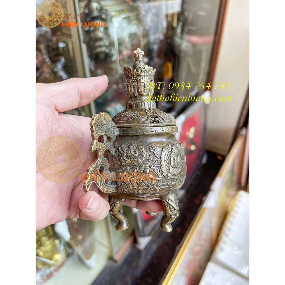 Lư Xông Trầm Phật Tứ Diện Bằng Đồng Cao 15cm MÀu Hun Giả Cổ