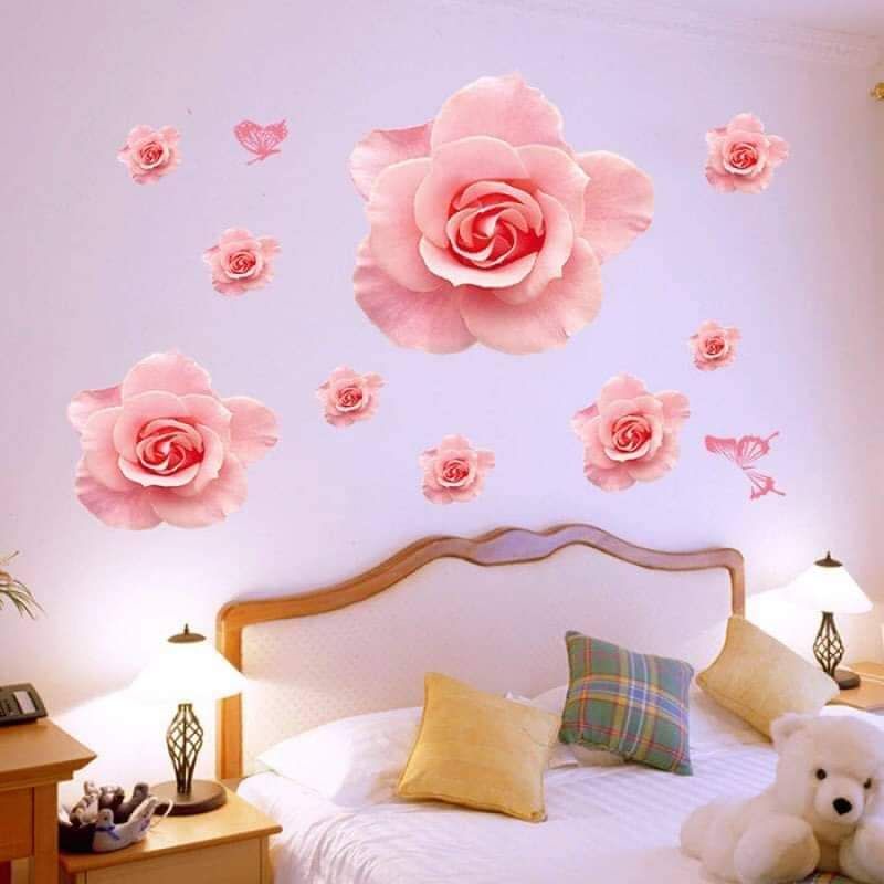 Decal dán tường hoa hồng phấn trang trí phòng ngủ