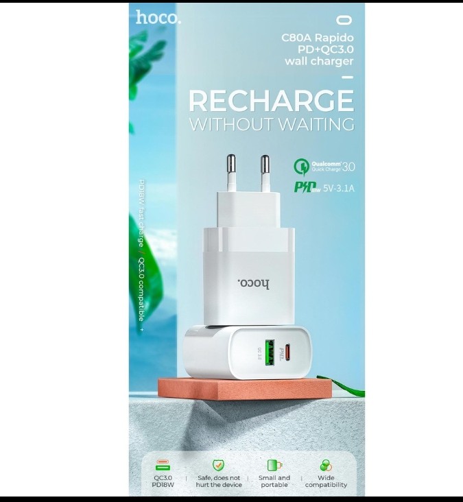 CỐC SẠC NHANH HOCO C80/C80A PD 20W 2 CỔNG TYPE C + USB / QC 3.0