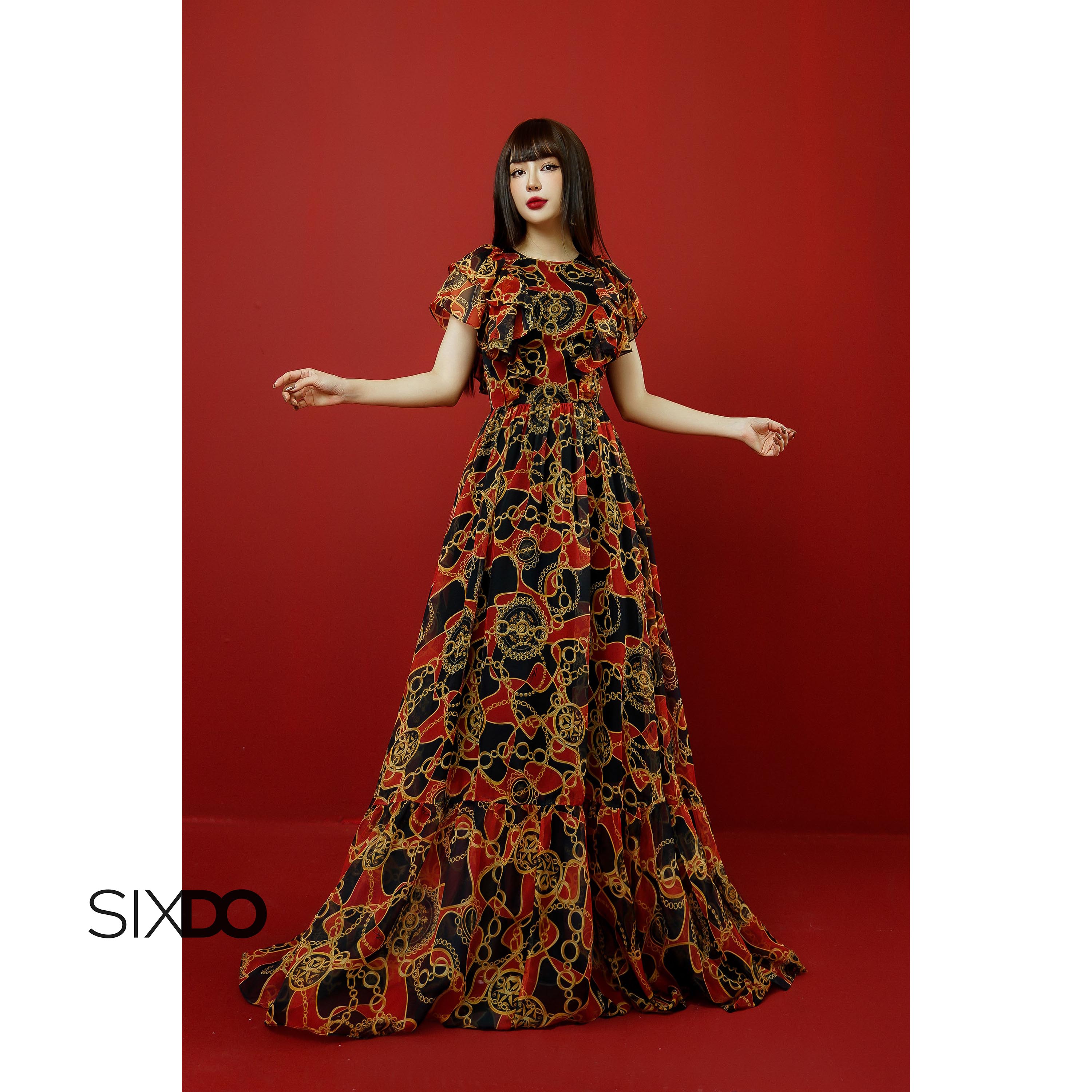 Đầm voan họa tiết baroque SIXDO (Black Baroque Print Tiered Midi Voile Dress)