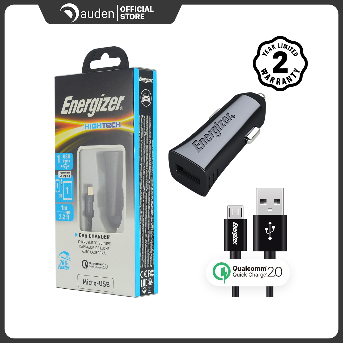 Sạc ô-tô Energizer Quick Charge 2.0 (Đen) + Kèm cáp MicroUSB