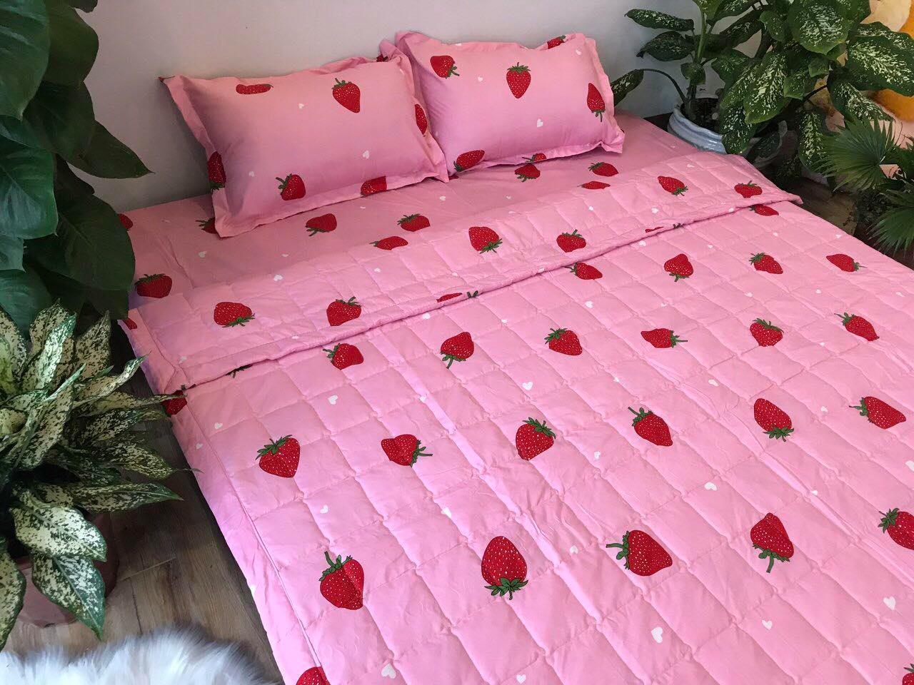 [XẢ HÀNG THANH LÝ] TRỌN BỘ CHĂN GA GỐI COMBO 5 MÓN - Dâu Tây Hồng, Chăn ra gối nệm, chăn ra gối, ra gối, drap, chăn ra thắng lợi, chăn ga gối đệm remato