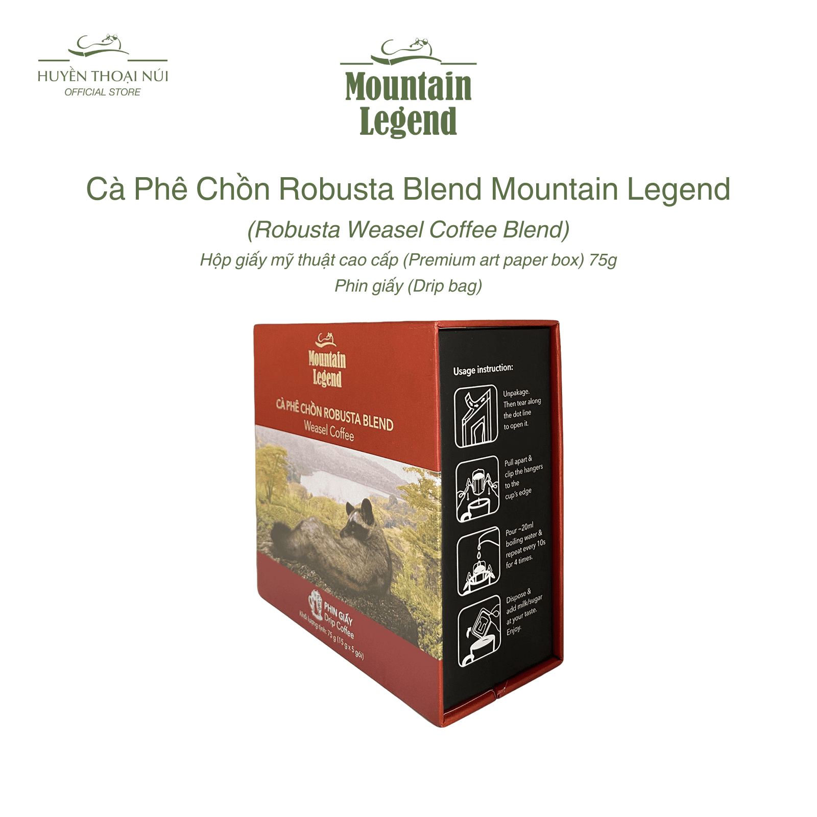 Cà Phê Chồn Cao Cấp Mountain Legend – 10% Real Civet Robusta & 90% Selected Beans Fine Robusta - Hộp 5 Phin Giấy