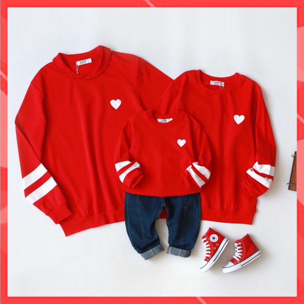 Áo hoodie gia đình familylove - áo hoodie đỏ sọc tay logo trái tim đẹp chất liệu nỉ da cá cao cấp