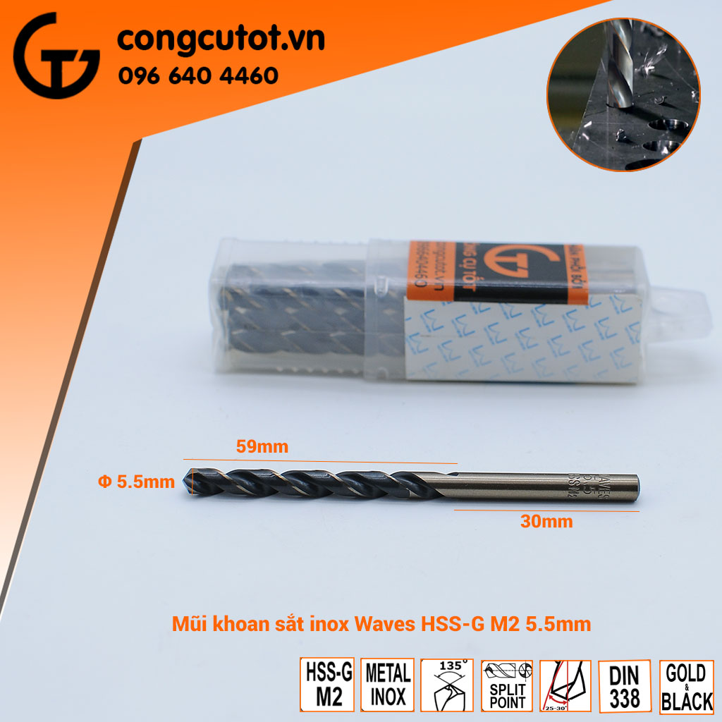 Hộp 5 mũi khoan sắt, inox Waves HSS-G