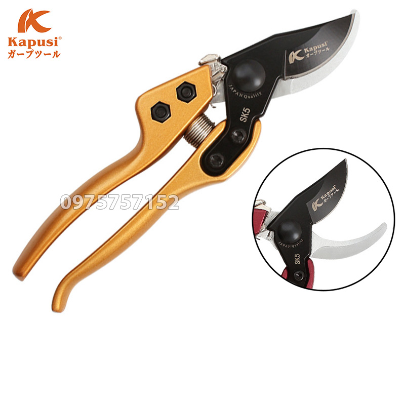 Kéo cắt cành trợ lực cán vàng Nhật Kapusi JAPAN, lưỡi thép SK5 siêu sắc phủ Teflon chống dính, tay cầm hợp kim nhôm đúc siêu bền, siêu cứng, chốt khóa tự động bật mở (Tặng kèm 1 lò xo dự phòng), kéo cắt tỉa cây cảnh, bonsai