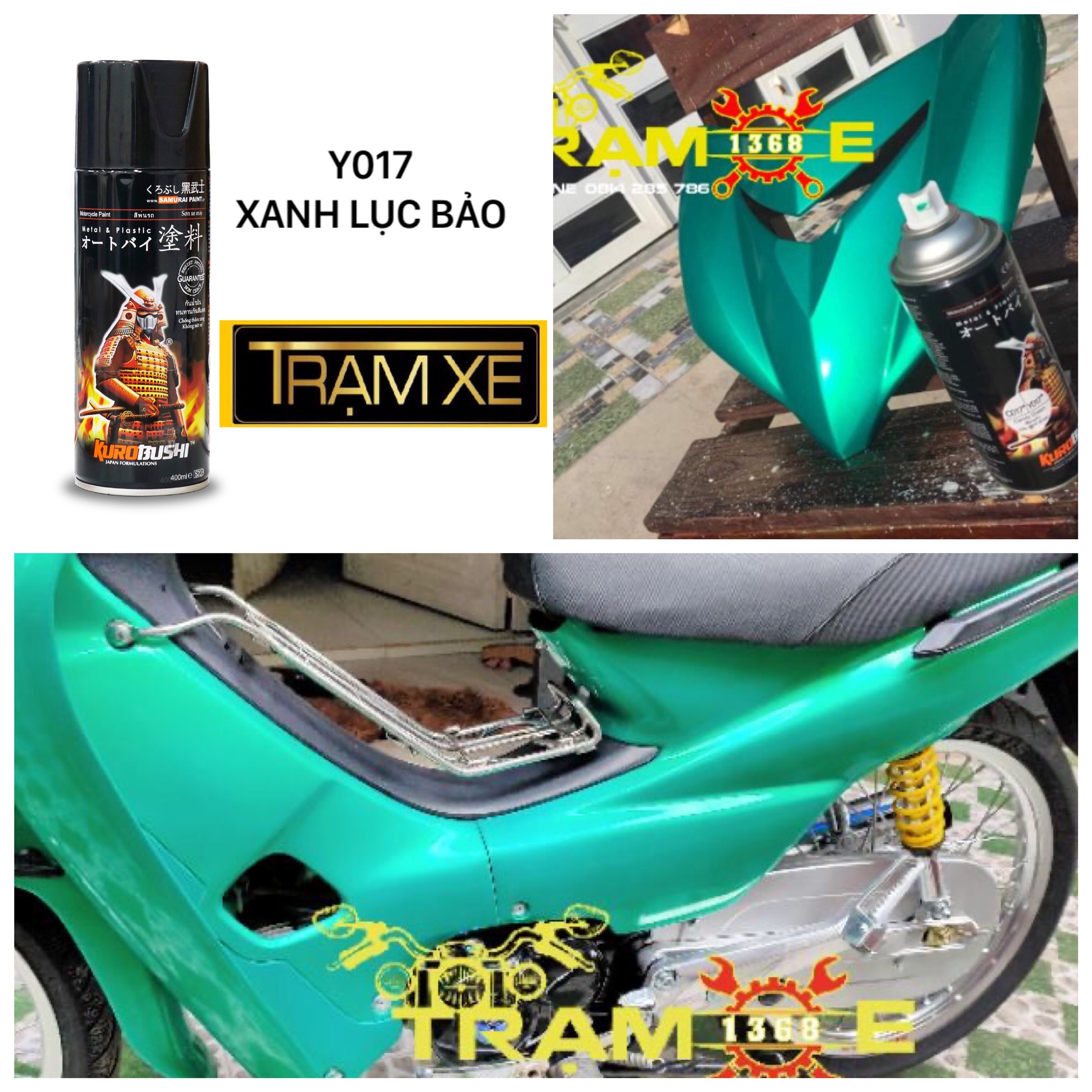 Chai sơn xịt Samurai màu xanh lục bảo Y017 400ml có vòi phun chống chảy (nên sơn trên nền bạc)