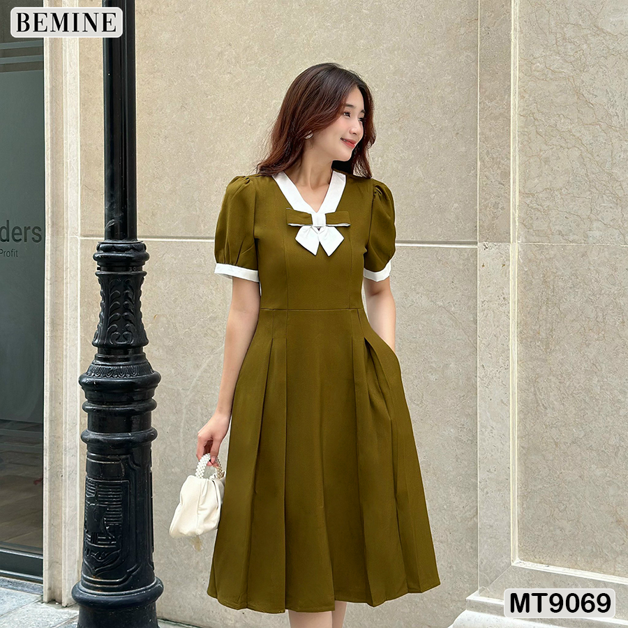 Đầm thiết kế cổ viền đính nơ dáng xếp ly bemine mt9069