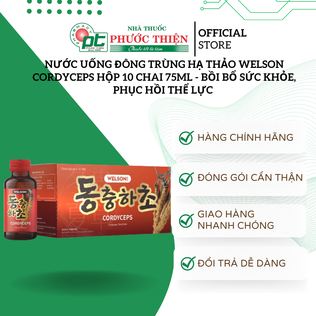 Nước uống đông trùng hạ thảo Welson Cordyceps Hộp 10 chai 75ml - Bồi bổ sức khỏe, phục hồi thể lực - nhathuocphuocthien