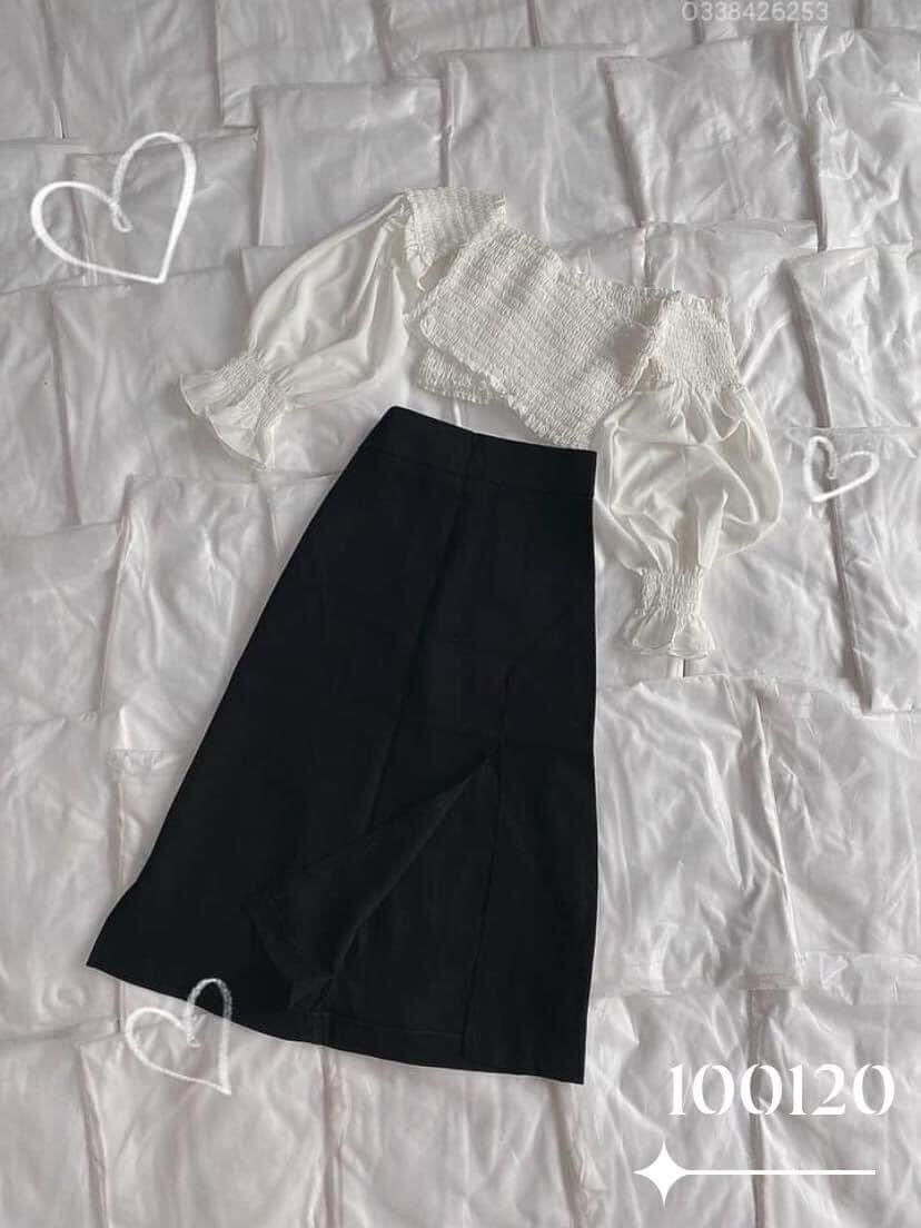 Set váy xẻ + áo Bẹt vai đắp chéo