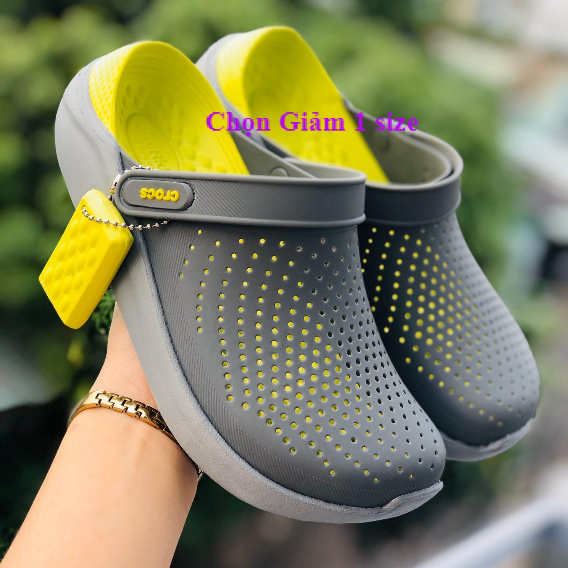 Dép sục Cross literide clog TẶNG VỚ Cao Cấp quai ngang bít đầu nam và nữ xám gót vàng cá tính siêu nhẹ đi mưa đi nắng thoải mái chống trơn trượt có nhiều lỗ thoát hơi thông thoáng - có hình thật và video