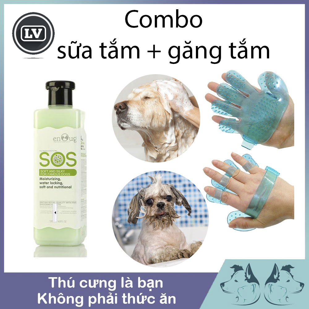 Combo Sữa Tắm Cho Chó SOS Xanh Lá Giúp Lông Mềm Mượt 530ml Và Găng Tay Tắm Phụ Kiện Thú Cưng Long Vũ