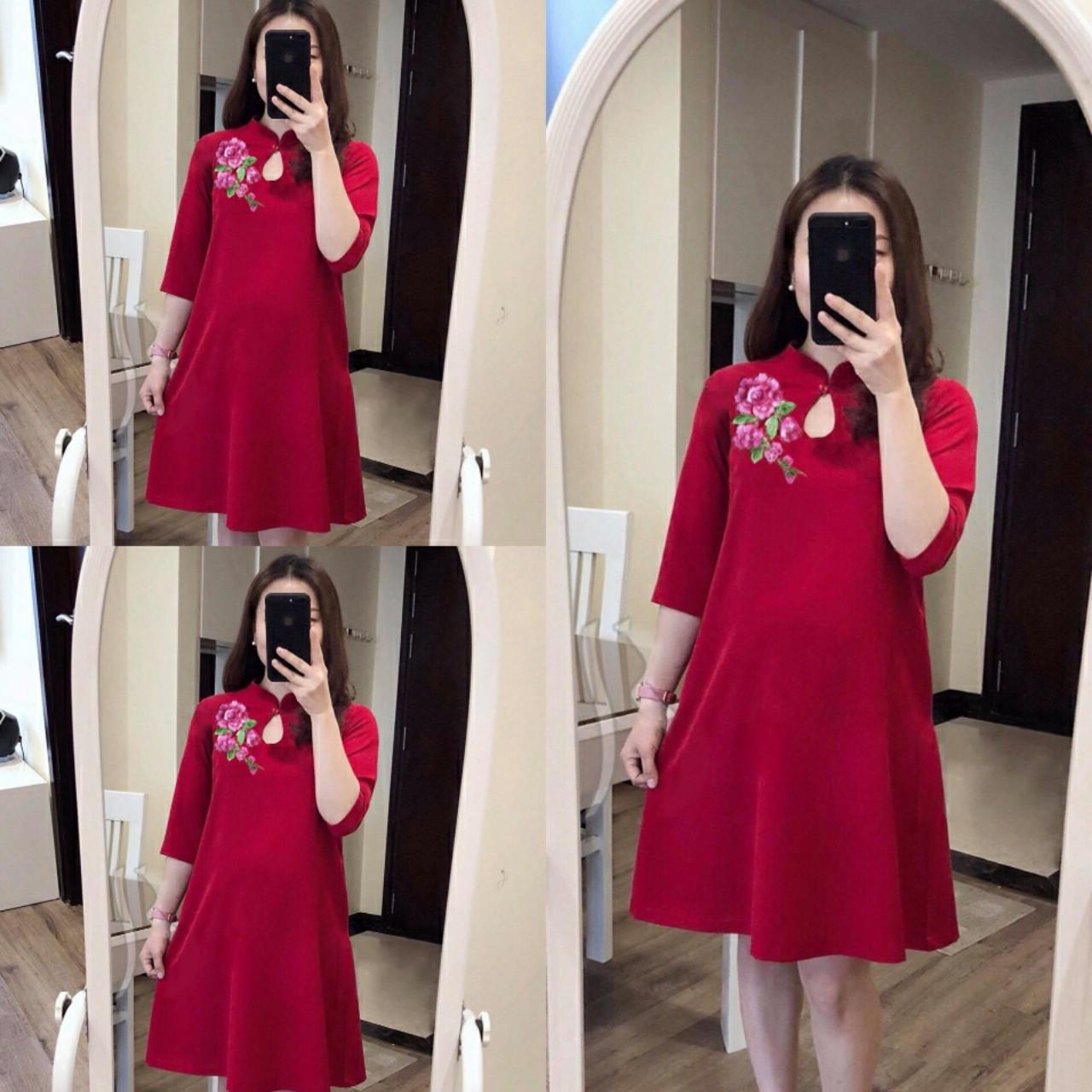 Đầm bầu cổ tàu kết hoa mẫu đơn