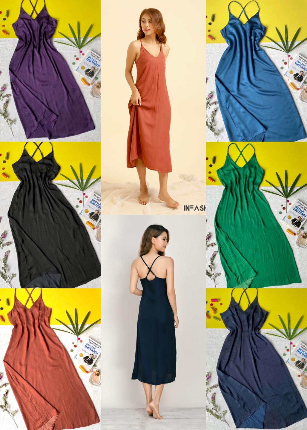 Đầm lụa dài 2 dây chéo lưng InFashion