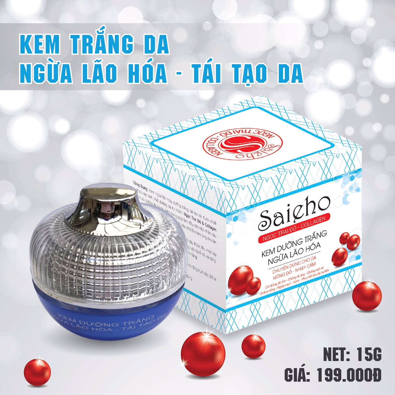 Kem dưỡng trắng - Ngừa lão hóa - Tái Tạo da dưỡng chất Ngọc Trai Đỏ - Collagen SAIEHO (15g)