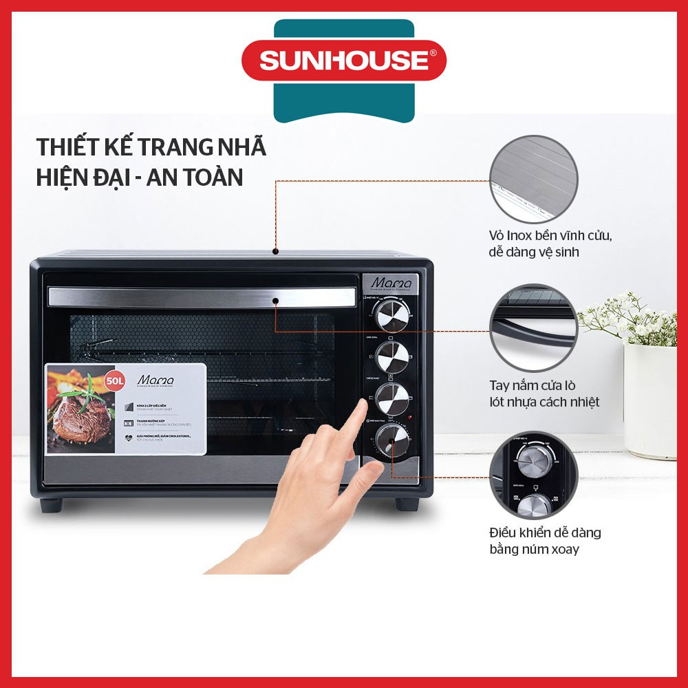 Lò nướng đa năng sunhouse mama shd4250s 50 lít hàng trưng bày đẹp 97-98% công suất, nhiệt độ 1850 w100 - 240ºc chất liệu lò khoang và vỏ lò thép không gỉ