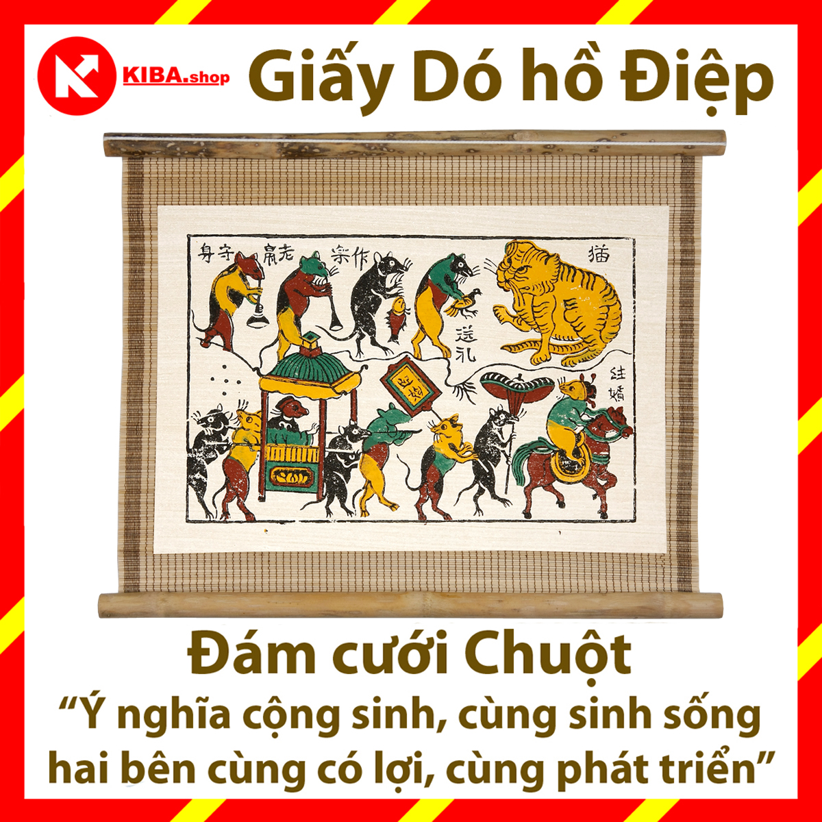 Tranh Đông Hồ - Bức đám cưới chuột (Tranh mành tre - kích thước 34x40) Dong Ho folk paintings - Viet Nam national cultural heritage