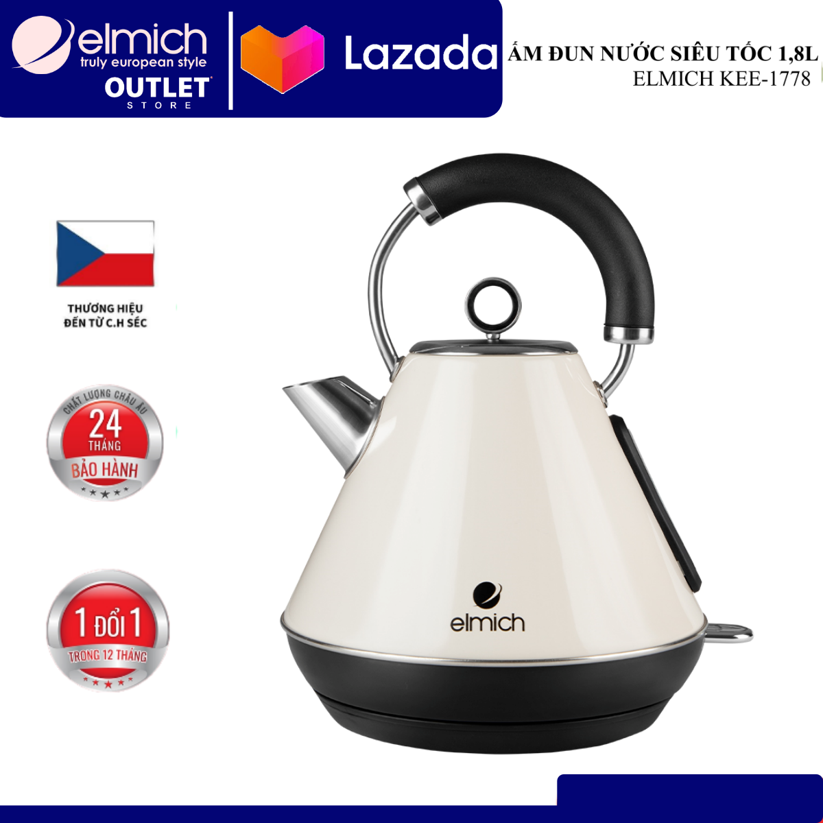 Ấm đun nước siêu tốc Elmich KEE1778 (Dung tích 1.8L, Mầu vàng kem, Bảo hành 36 tháng)