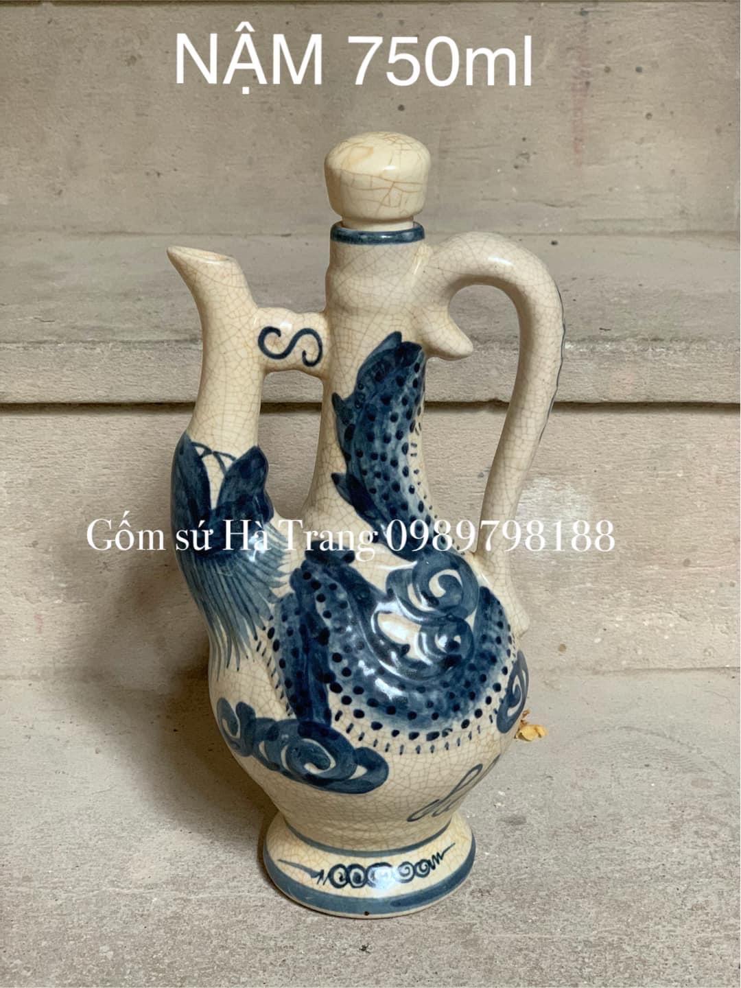 Nậm dung tích 750ml gốm sứ Bát Tràng cao cấp men rạn hoạ tiết rồng